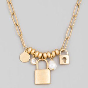 Yellow Gold Chain Link Padlock Charm Necklace